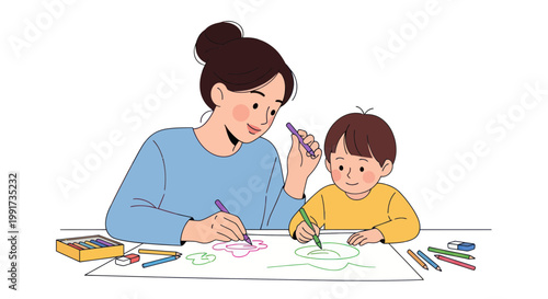 Mother, child drawing, colorful illustration, family creativity, kids activity