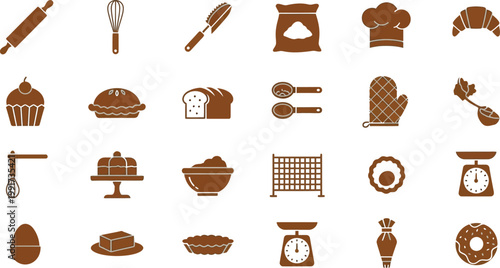 Collection of baking and cooking tools and food items illustrated in brown and beige tones Vector
