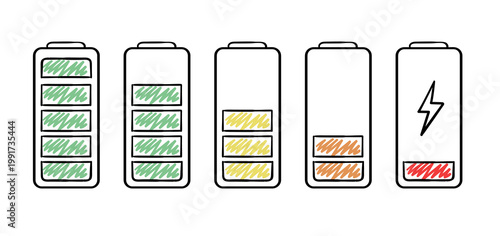 Battery Charge Level Set – Hand Drawn Icons of Energy Status, Low to Full Power, Doodle Style Illustration