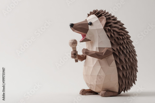 Polygonal hedgehog with a microphone on a light background. Space for text.