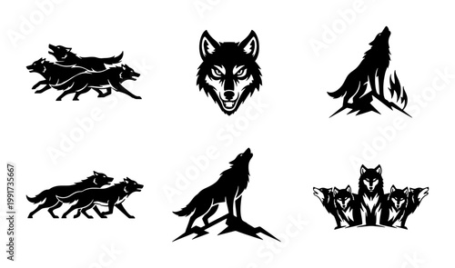 Bild auf Leinwand Black wolf silhouette vector set, howling wild animal mascot icons, predatory ti