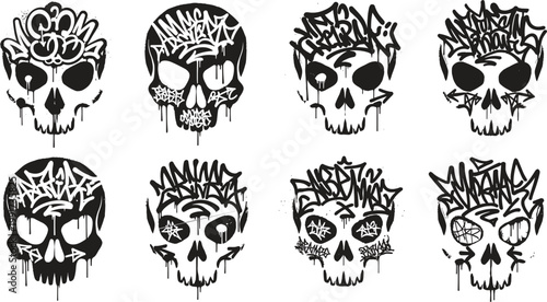 Set of Black and White Graffiti-Style Skull Illustrations with Drips and Urban Street Art Details for Bold and Edgy Designs