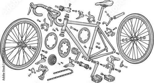 Bicycle parts exploded view illustration, detailed bike components layout with frame wheels gears and mechanical elements for repair and assembly concept