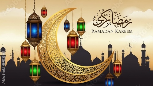 Golden crescent moon and colorful lanterns illuminate a serene night sky over an ancient city, symbolizing festive celebrations and spiritual reflection during a holy season