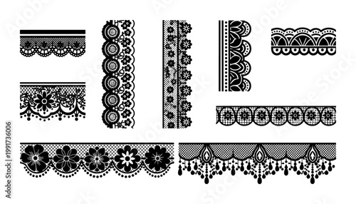 Vintage black lace borders set, decorative floral lace ribbons and seamless trim vectors, elegant crochet fabric edges for wedding invitations