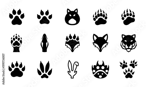 Animal paw prints and predator head icons set, 15 black vector silhouettes of wildlife tracks, wild beast claw marks and mascot faces for logos