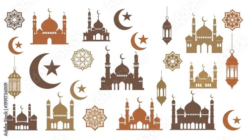 Collection of Islamic symbols, mosque illustrations, stars, and lanterns perfect for cultural and religious designs