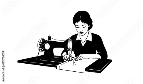 Female tailor sewing with vintage machine vector silhouette in minimal flat style isolated on white