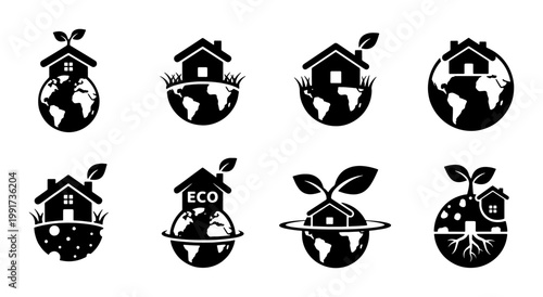 Eco house icons on globe, sustainable green home vector set, 8 environmental earth and building symbols, black and white ecology logo elements