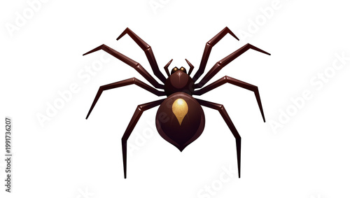 Dark brown spider with yellow marking on abdomen and eight legs