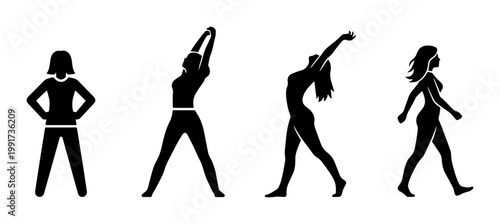 Fitness woman silhouette set, female athlete stretching and walking vector icons, black yoga and workout poses for gym branding
