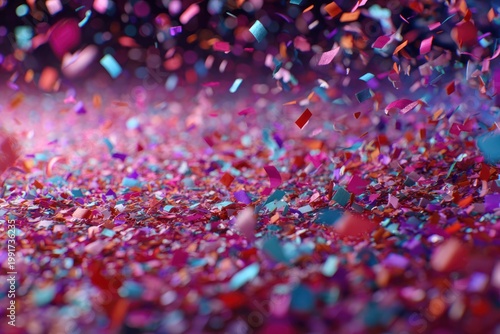 Colorful confetti particles floating in vibrant celebration