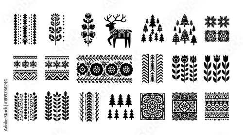 Scandinavian folk art vector elements, black nordic floral and animal motifs, traditional ethnic embroidery patterns, set of 18 rustic winter icons