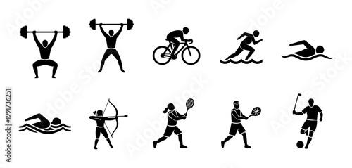 Olympic sports icons set, black silhouette athlete pictograms for competition and fitness, 10 vector elements for summer games and athletic events