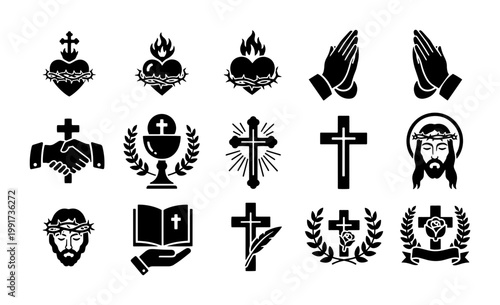 Christian religious icons set, black catholic symbols of faith and jesus christ, 15 spiritual vector elements for church branding and worship design