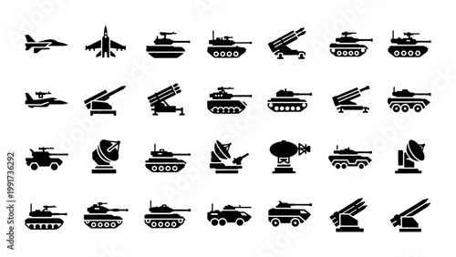 Obraz na płótnie Military vehicle icons set, black solid silhouettes of 28 army tanks and war mac