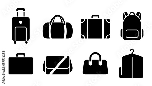 Foto Travel luggage icon set, 8 black solid vector silhouettes of suitcases and bags,