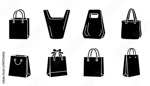 Shopping bag icon set, black silhouette retail carrier bags, collection of 8 vector paper and plastic grocery bag symbols for commerce and marketing
