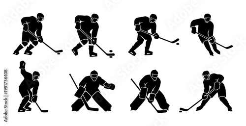 Ice hockey player silhouettes set, 8 professional hockey athlete vector icons, black sports figures in action poses for team logos and tournament branding