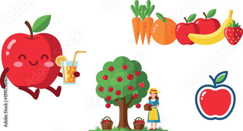 Healthy fruit lifestyle concept with apple character drinking juice, farmer harvesting apples and fresh organic food collection vector illustration set
