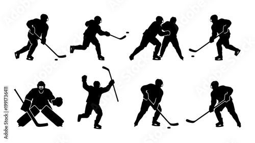 Ice hockey player silhouettes, set of 8 professional athlete vector icons, black hockey goalie and skater figures for sports competition graphics