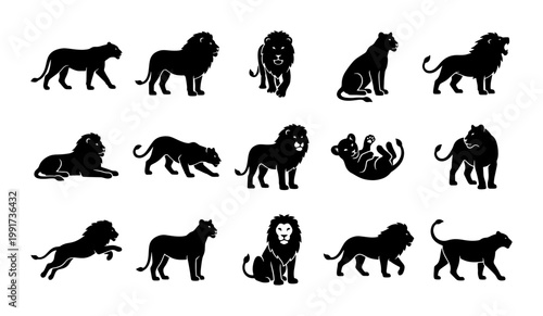 Lion silhouette vector icons set, wild african cat animal collection, black feline predator graphics for logo design and wildlife branding