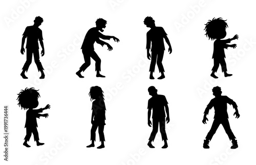 Zombie silhouette collection with 8 walking undead characters, spooky halloween monster silhouettes, creepy walking dead figures for horror design