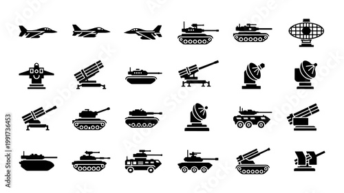 Military vehicle icons set, black silhouette army equipment collection, 24 vector war machine symbols, armored tanks and fighter jets for tactical maps