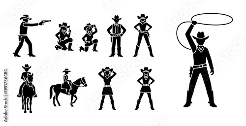Photos Wild West cowboy silhouettes set, 10 western character icons with lasso and hors