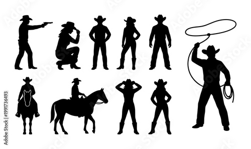 Photos Wild West cowboy silhouettes collection, black western outlaw and cowgirl vector