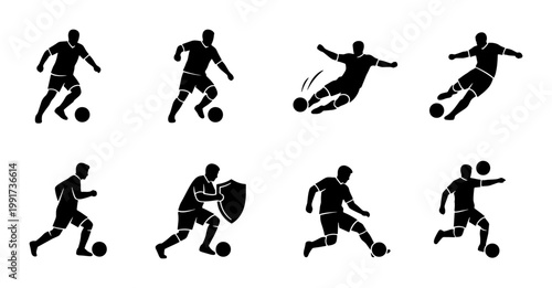 Soccer player silhouettes set, football athlete action poses vector collection, black sport icons of players kicking and dribbling ball