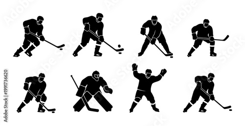 Canvas Print Ice hockey player silhouettes set, professional athlete action poses with sticks