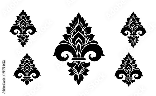 Vintage fleur de lis vector set, black heraldic lily icons on white background, royal damask floral ornaments for luxury branding and invitation design
