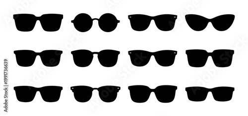 Black sunglasses silhouette set, 12 vector eyewear icons with various frame shapes, minimalist sun glasses collection for summer fashion design