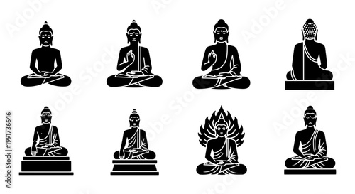 Buddha statue silhouette icons set, 8 black meditation vector elements, zen spiritual yoga figures, religious buddhist monk symbols for wellness design