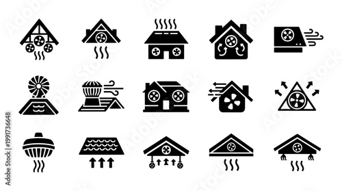 Attic ventilation icon set, 15 black solid vector symbols for roof airflow and house cooling systems, residential air circulation and exhaust fan collection