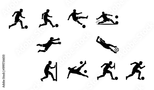 Soccer player silhouettes set, football athlete action poses vector collection, professional soccer players kicking and diving, sports icons