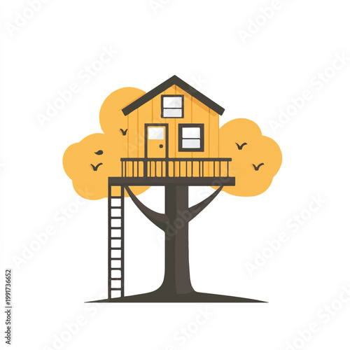 Whimsical treehouse illustration with ladder and balcony inviting adventure and play.