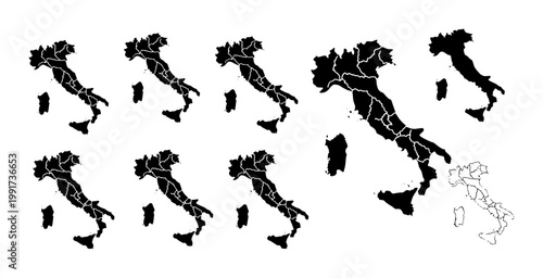 Italy map silhouette collection, black and white Italian regional borders vector set, 8 geographic icons for travel and education infographics