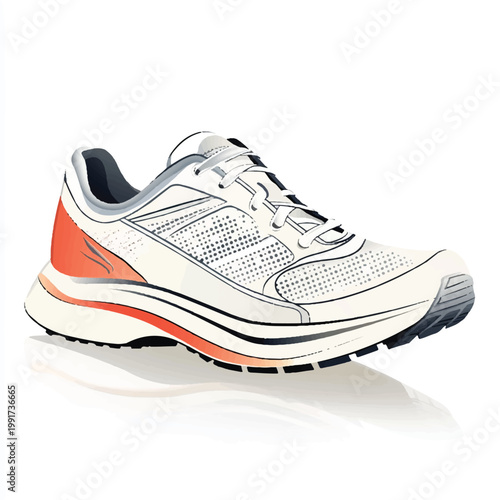 White and orange running shoe with thick sole.