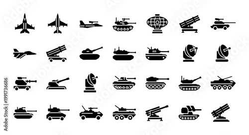 Slika na platnu Military vehicle icons set, black solid silhouettes of army tanks and fighter je