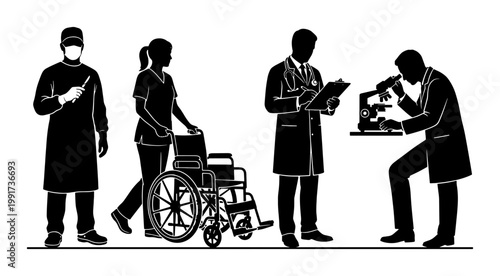 Medical professional silhouettes set, healthcare workers including surgeon and nurse with wheelchair, doctor and scientist with microscope vector