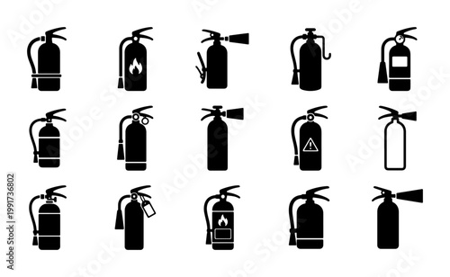 Fire extinguisher icon set, 15 black silhouette emergency equipment symbols, fire safety and protection vector elements for industrial signage