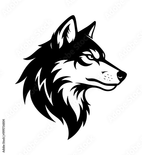 Wolf head vector illustration, black and white husky mascot logo, wild predator animal profile, minimalist canine silhouette for sports branding