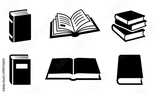 Photos Minimalist book icon set, black and white library symbols, collection of 6 vecto