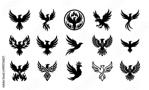 Phoenix bird silhouette icons, 15 mythical firebird vector symbols, black eagle and hawk heraldic emblems, tribal fantasy creature logo set