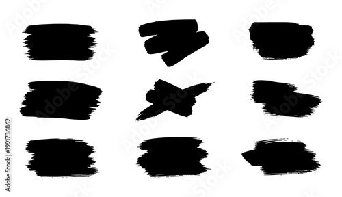 Black ink brush strokes set, hand drawn paint texture elements, 9 grunge marker highlights for graphic design and artistic backgrounds
