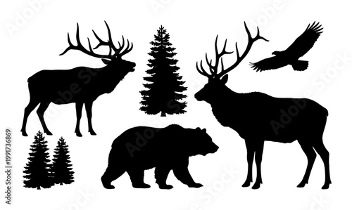 Wild animal silhouettes vector set, black elk and grizzly bear forest wildlife icons, soaring eagle and pine tree nature collection for hunting and camping designs