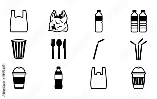 Single use plastic waste icons, black and white vector set of 12 disposable items, environmental pollution symbols for ecology and recycling