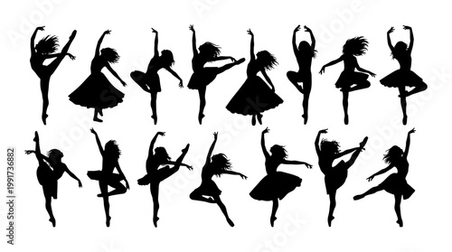 Graceful ballerina silhouettes set, 14 elegant ballet dancer vector icons, black female performers in artistic poses, classical dance theater graphics